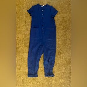 Beaton short sleeve linen overalls. Navy blue